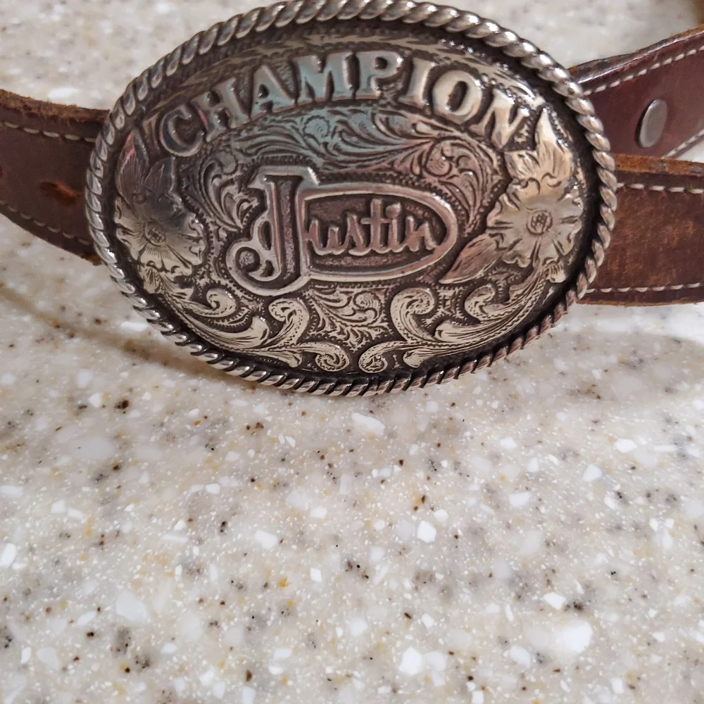 Kids Justin Champion Silver Buckle With Leather Belt